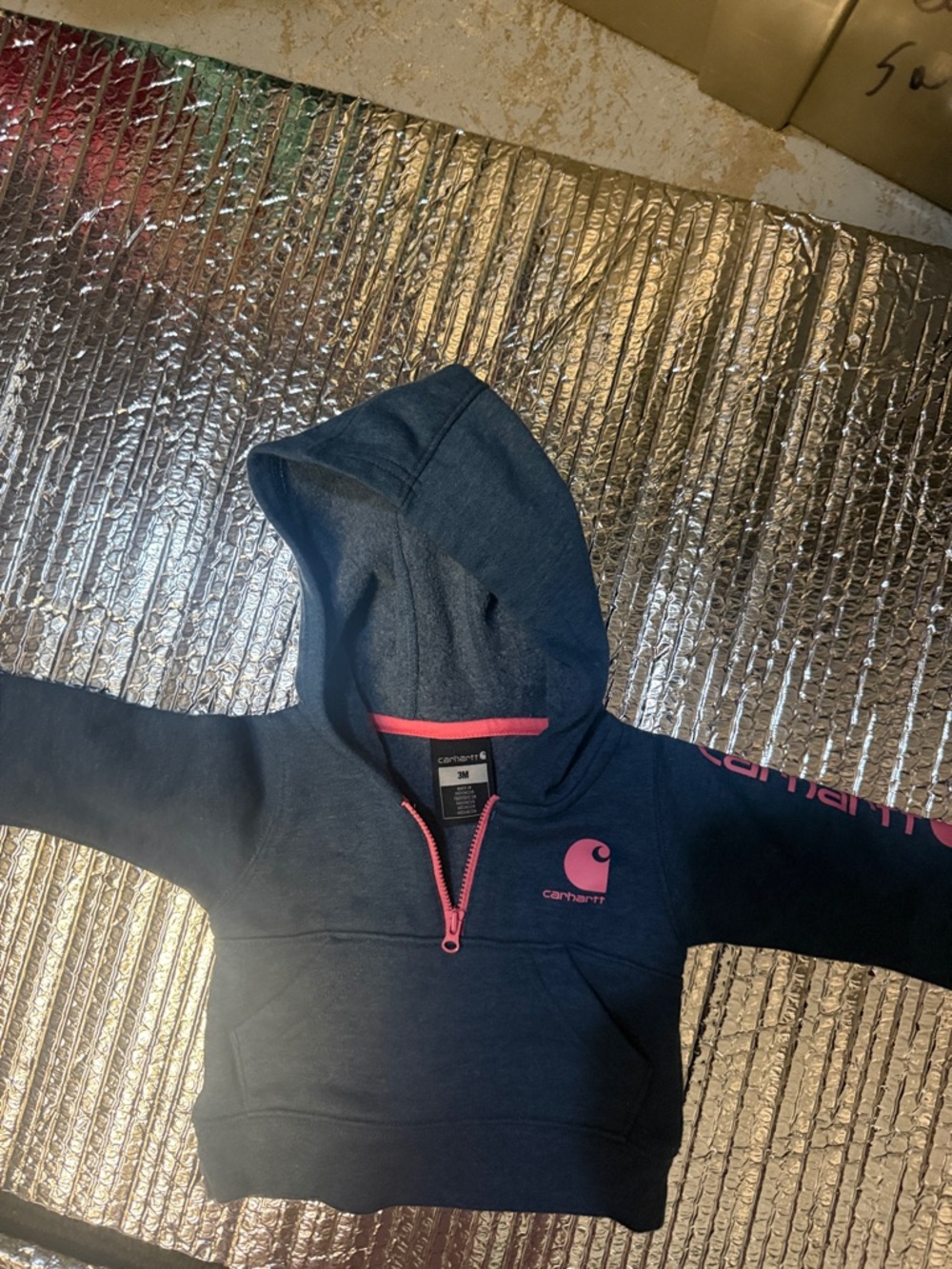 Carhartt Kids Navy Hoodie with Pink Logo and Zip Trim